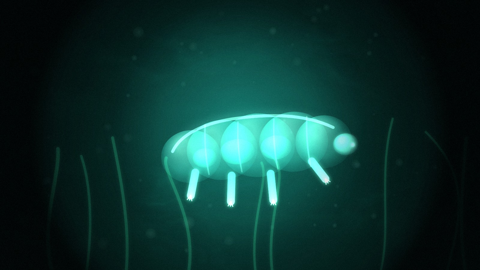 Imagem estilo microscopia de campo escuro de um tardígrado translúcido brilhando em tons de verde-água entre filamentos de musgo