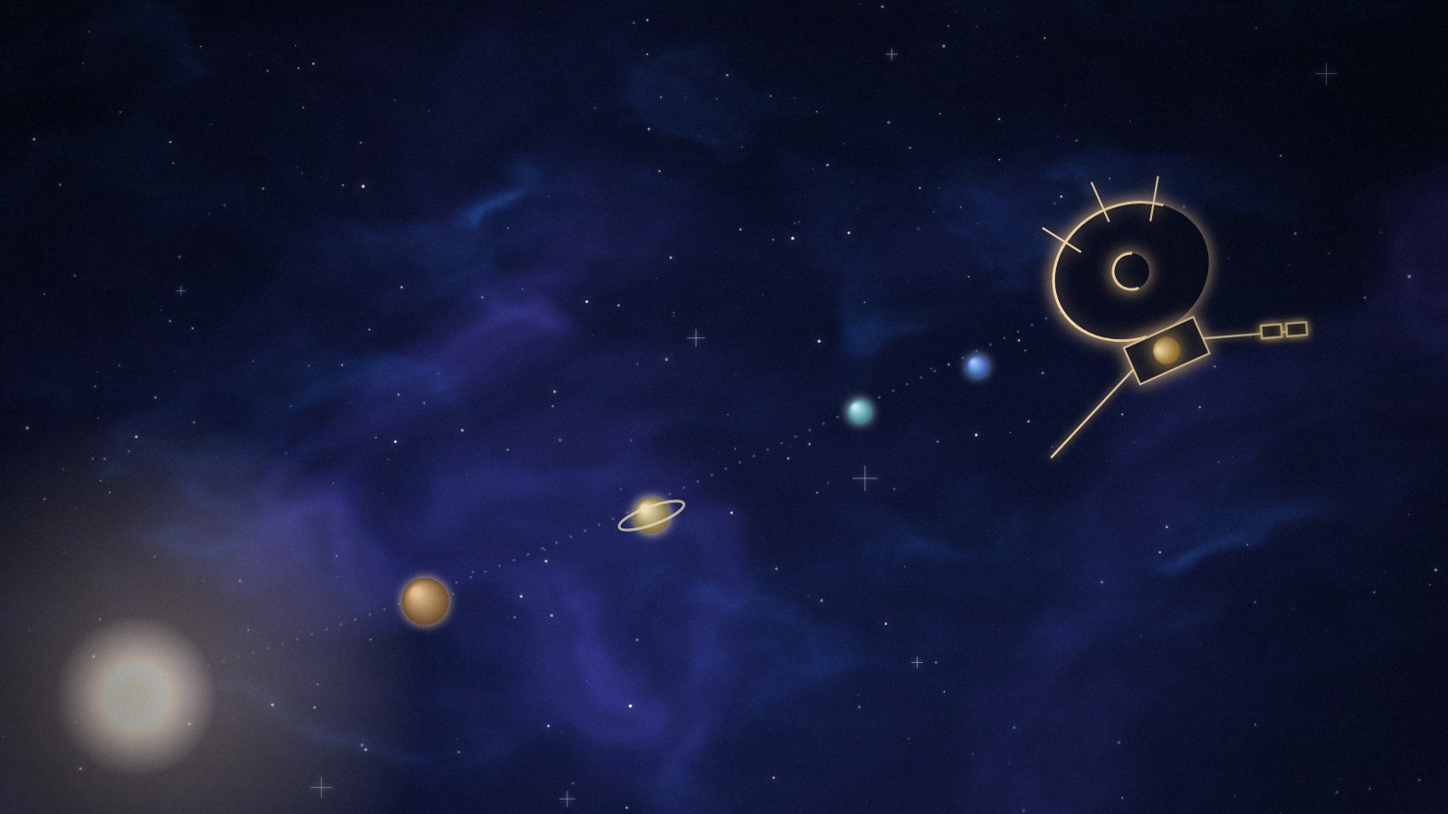 Pintura digital da sonda Voyager em silhueta dourada deixando o Sistema Solar, com o Sol e os planetas ao longo de sua trajetória